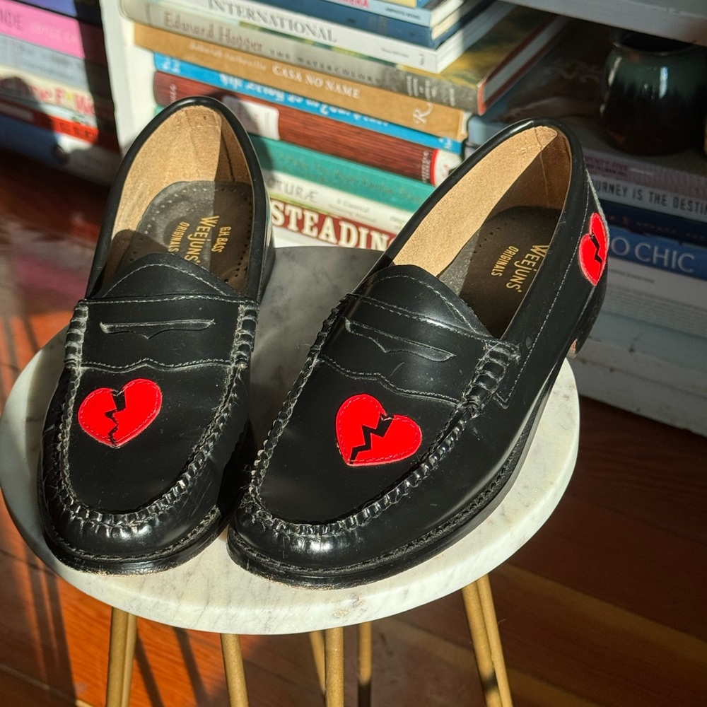G.H. Bass & Co. Weejuns Black Leather Loafers with Red Heart Accent
